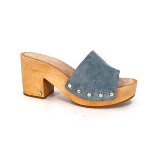 Veronica Beard Hannalee Suede Clogs Women 8 Blue Wood Block Heel Platform Retro